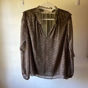 LOFT Ruffled Floral Blouse - Green with Cream, Rose, and Burgundy Floral